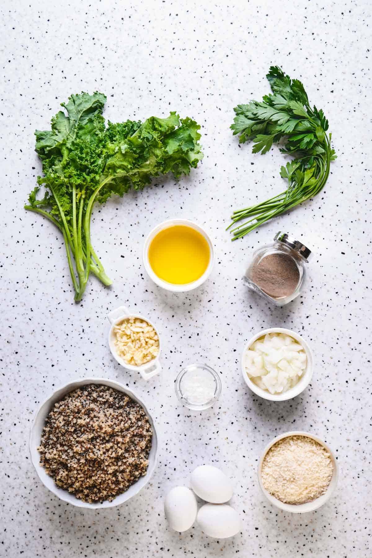 Ingredients needed for kale and quinoa cakes.