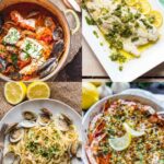 Four photos to show options for The Feast of the Seven Fishes dinner, including Authentic Cioppino, Baked Shrimp Scampi, Easy Lemon Herb Baked Fish and Linguine Vongole.