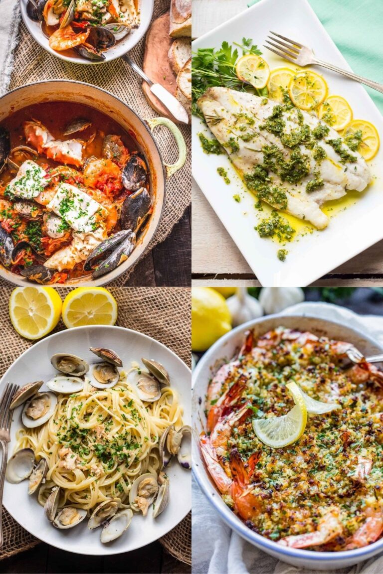 Four photos to show options for The Feast of the Seven Fishes dinner, including Authentic Cioppino, Baked Shrimp Scampi, Easy Lemon Herb Baked Fish and Linguine Vongole.