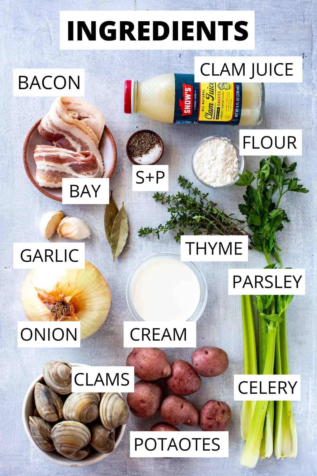 All of the ingredients needed for clam chowder.