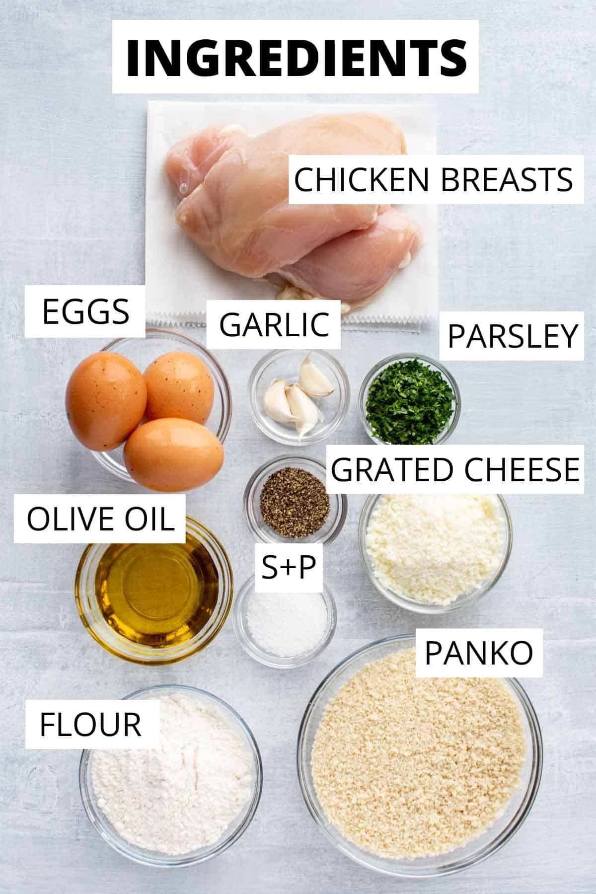 Ingredients for Italian breaded chicken cutlets.