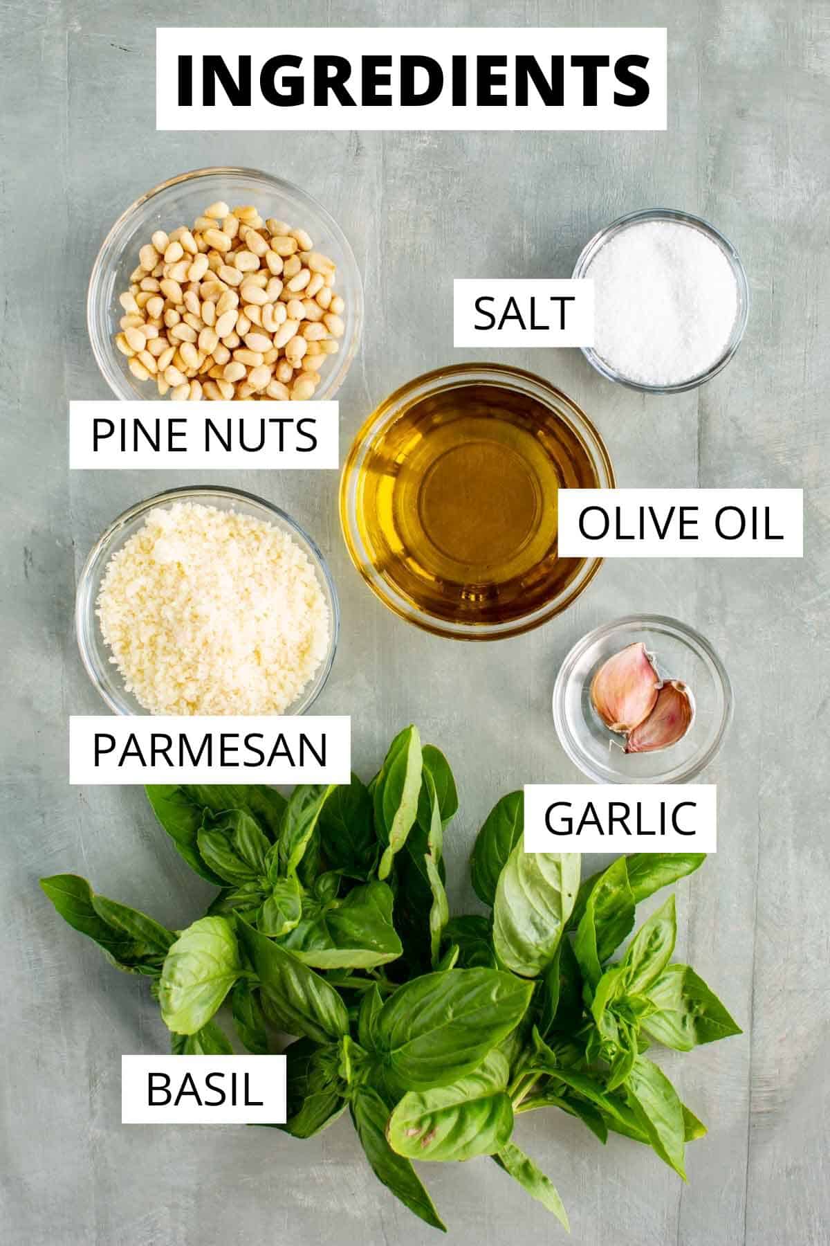 Ingredients for classic basil pesto Genovese.