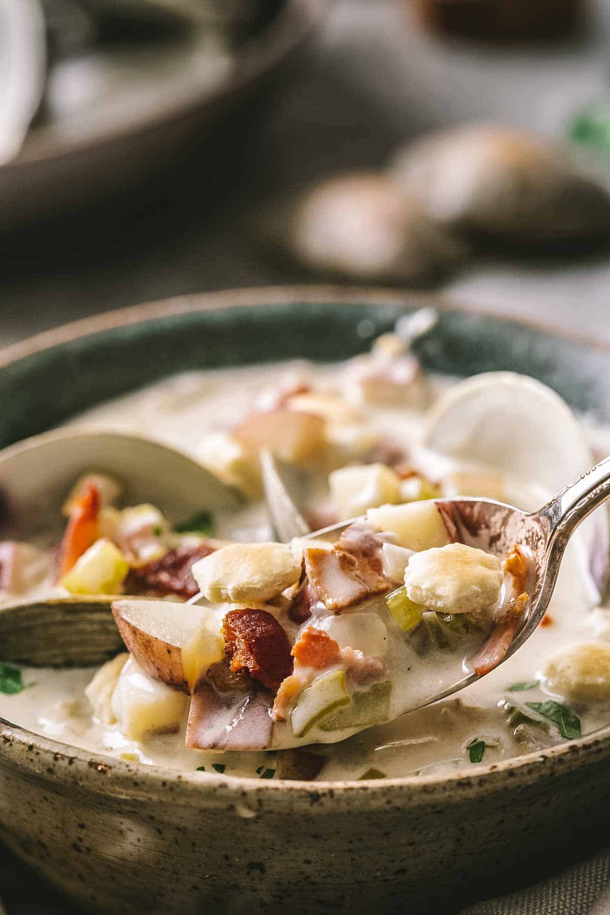 A spoonful of clam chowder with bacon and potatoes.