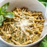 Strofie pasta tossed with classic pesto Genovese with basil.