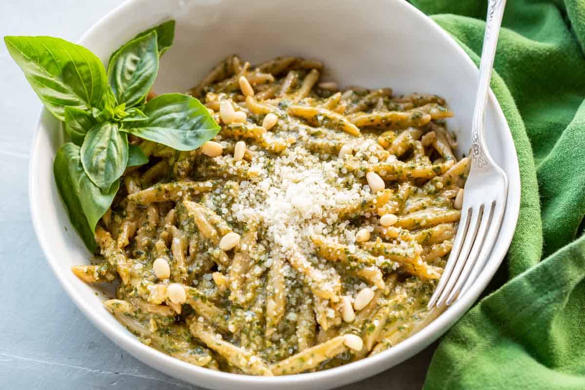 Strofie pasta tossed with classic pesto Genovese with basil.