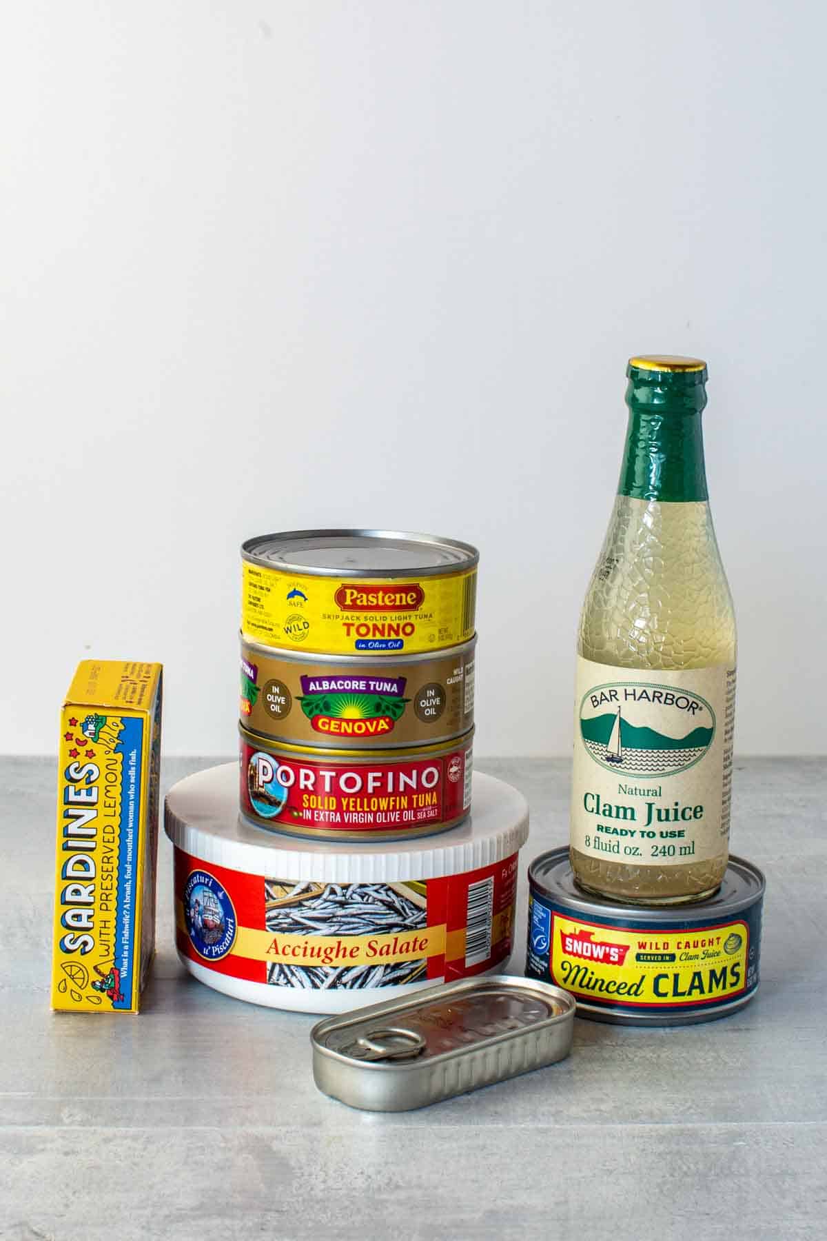 An assortment of tinned fish and seafood used in Italian cooking. 