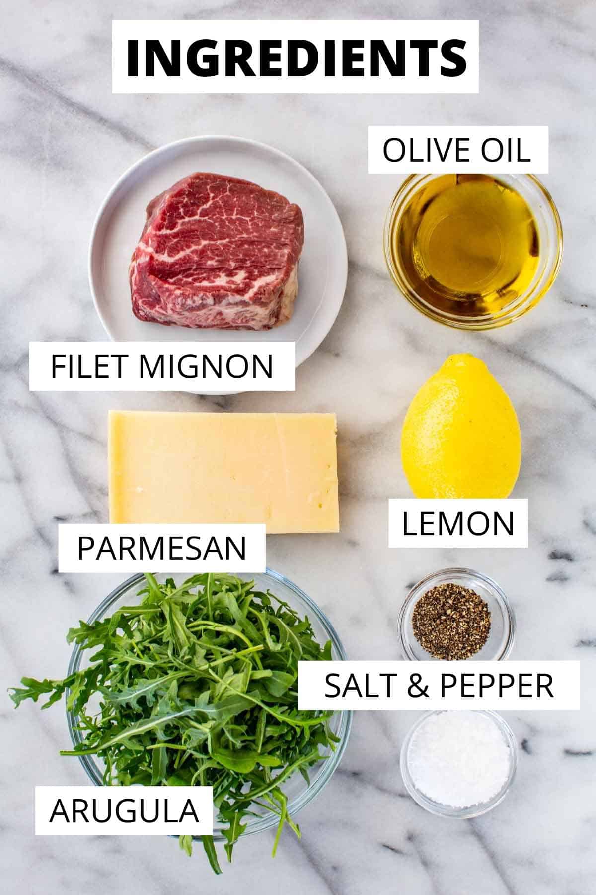 Ingredients needed for beef carpaccio.