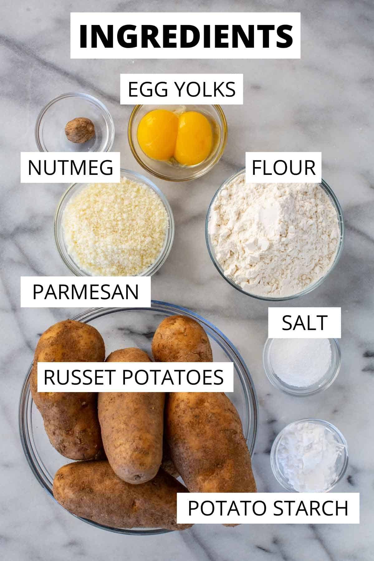 Ingredients needed for homemade potato gnocchi.