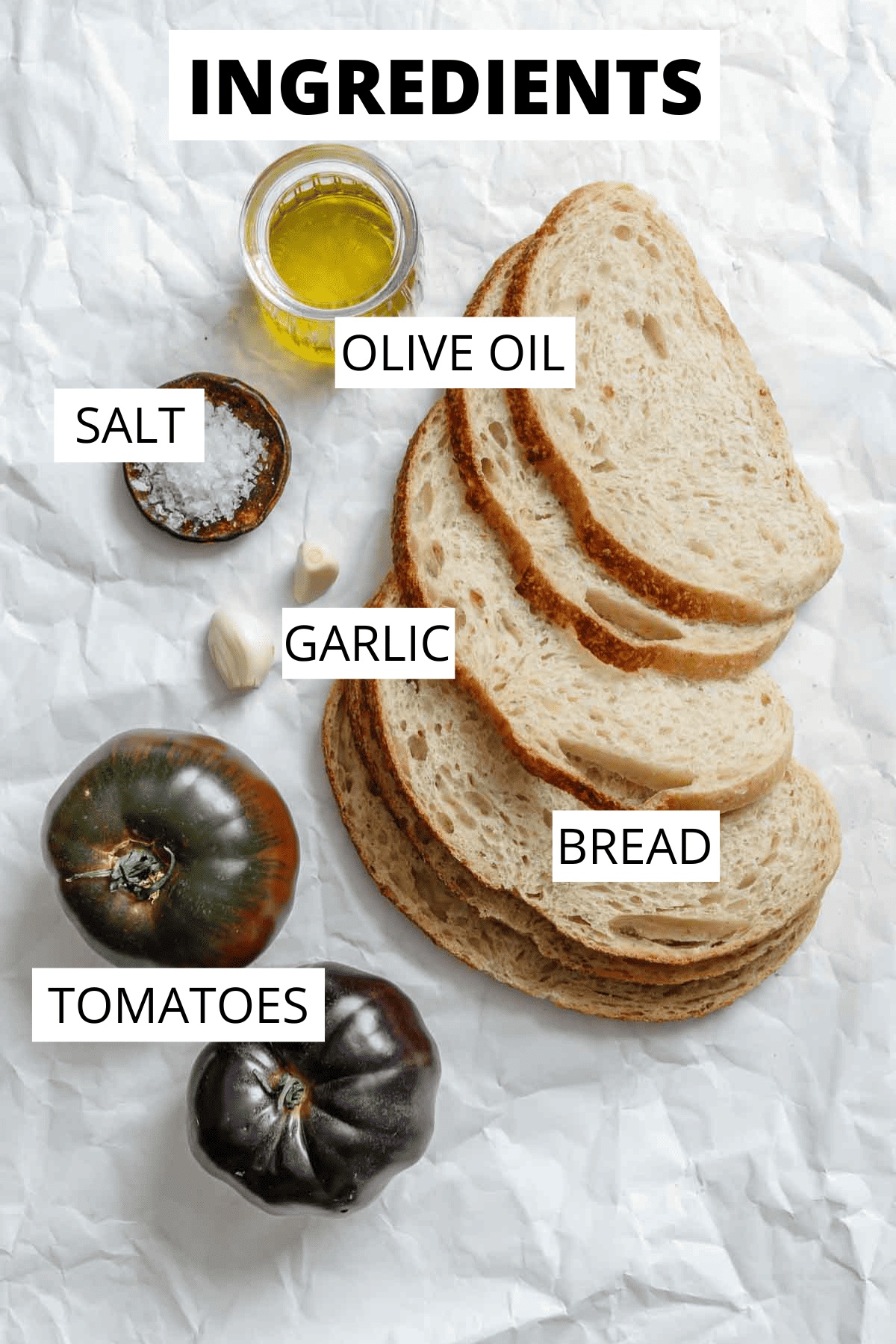 Ingredients for pan con tomate recipe or Spanish tomato bread.