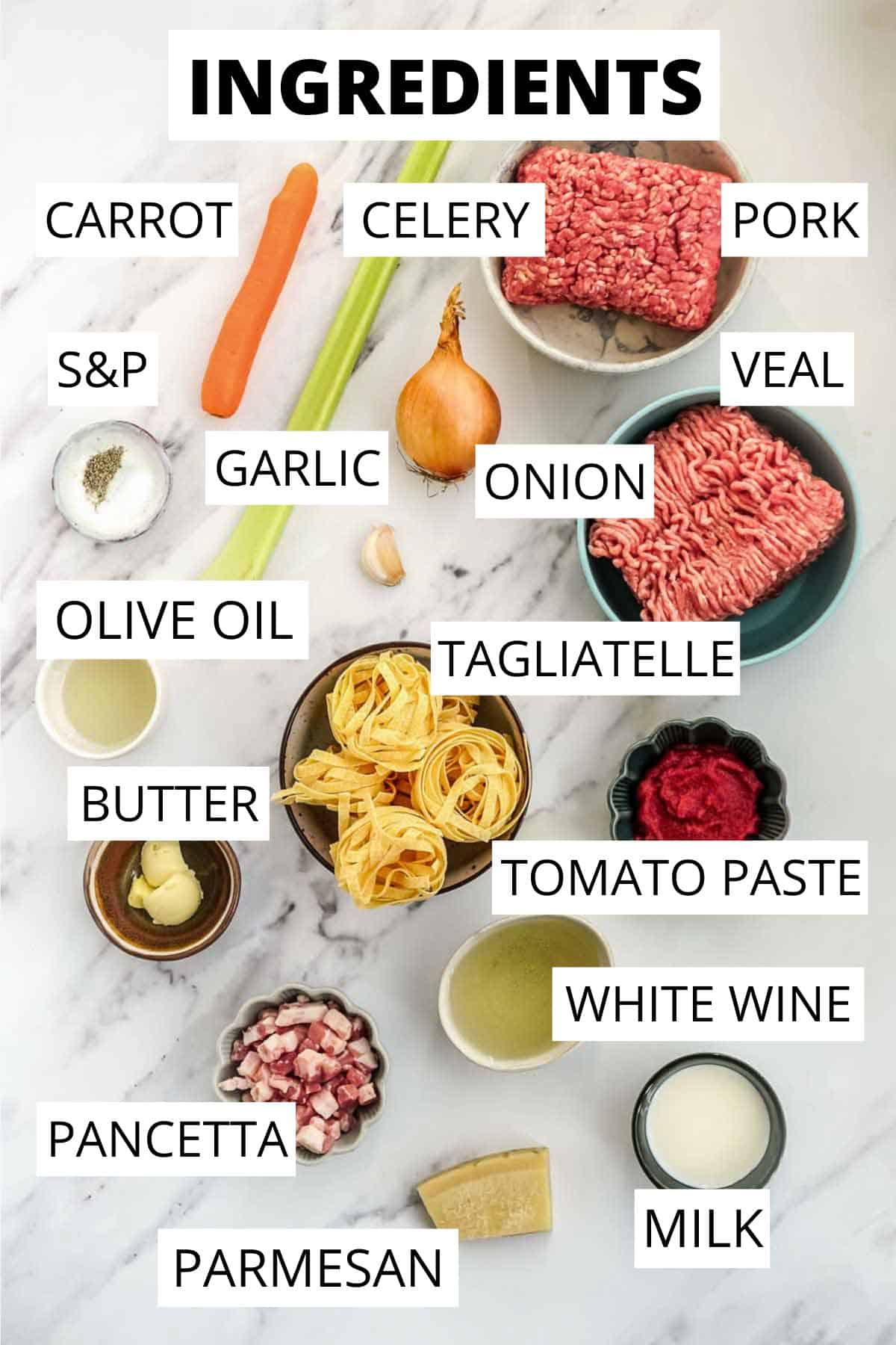 Ingredients needed for ragu alla Bolognese with tagliatelle.