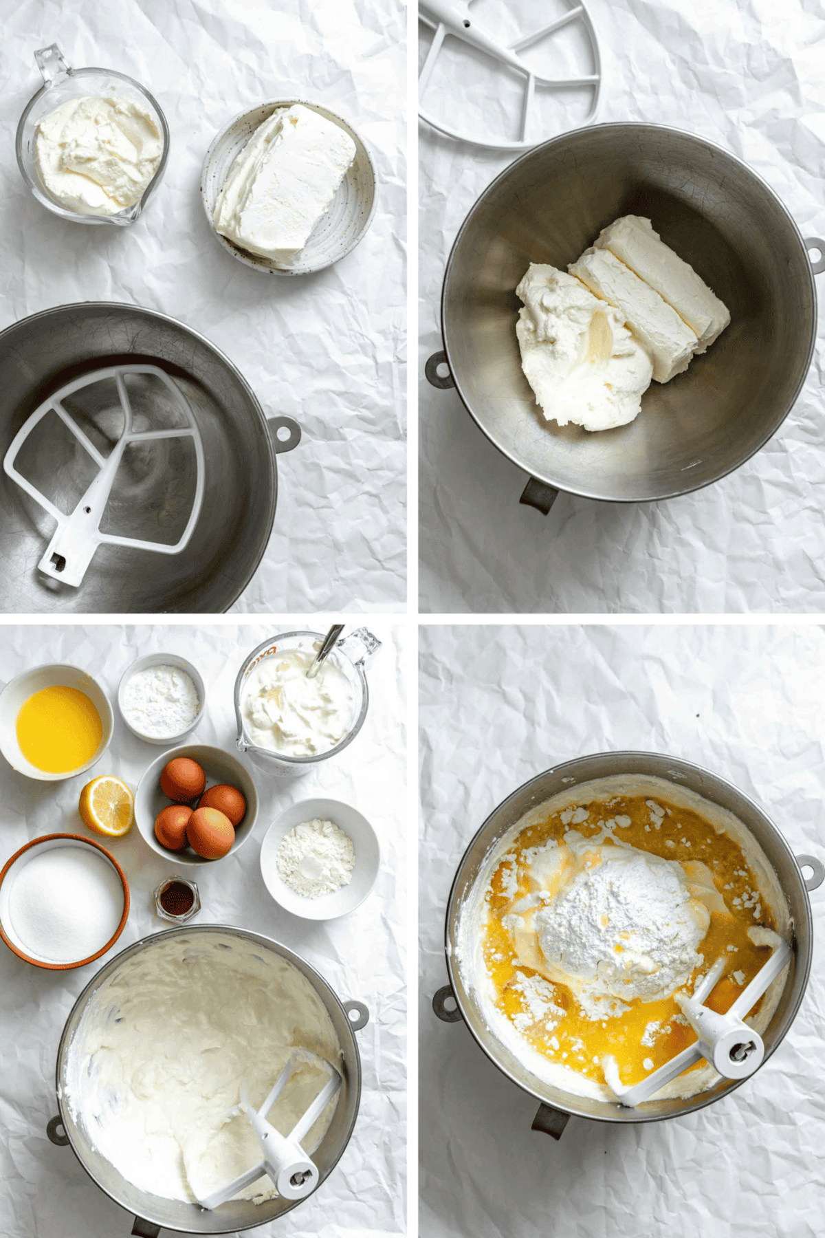 Four-panel step-by-step preparation of ricotta cheesecake showing: mixing bowl equipment, cream cheese and ricotta in mixing bowl, combined dairy ingredients with stand mixer paddle, and adding egg mixture to the creamed base.