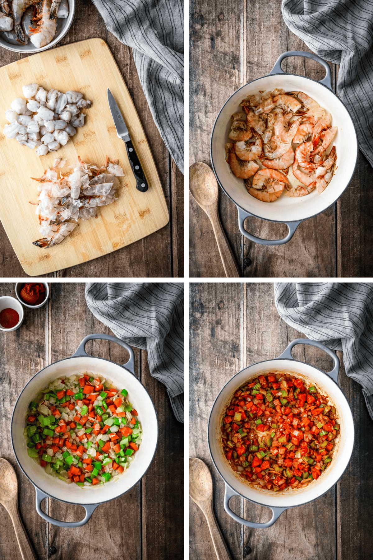 Four-panel step-by-step preparation showing: 1) peeled shrimp on cutting board with shells separated, 2) raw shrimp in a white pot, 3) diced vegetables sautéing in pot, 4) vegetables cooking down with tomato paste added.