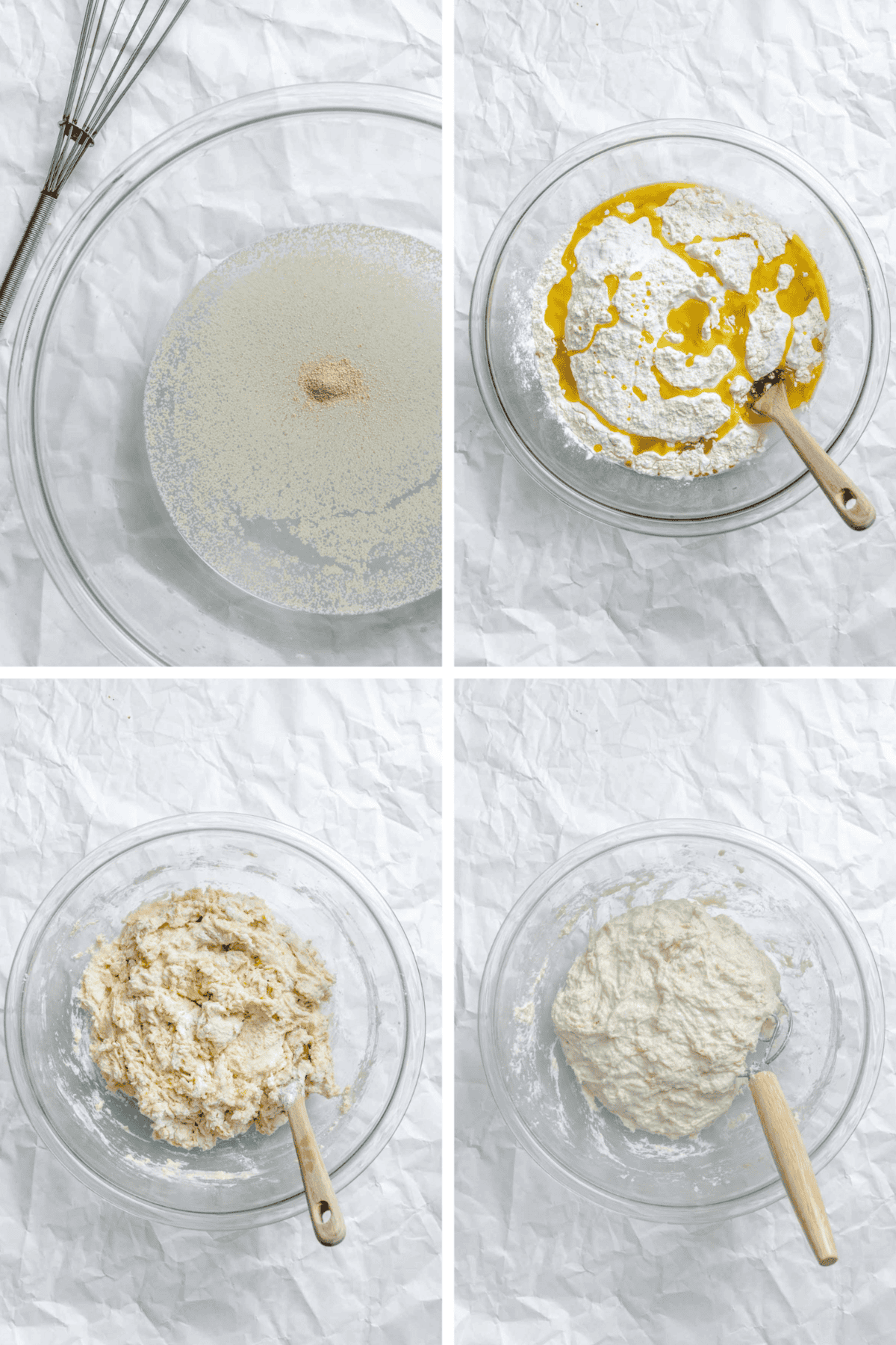 Step-by-step collage showing bread dough preparation with yeast mixture in a glass bowl, adding olive oil to flour, and gradually mixing until a cohesive dough forms.