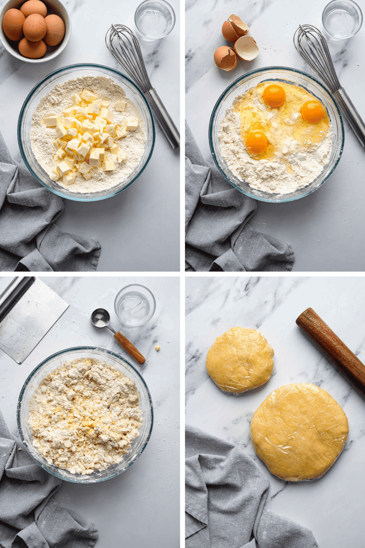 Four-panel collage showing pie crust preparation steps - top left: cubed butter and flour in a bowl; top right: eggs added to the flour mixture; bottom left: crumbly dough texture after mixing; bottom right: two wrapped dough discs ready for chilling.