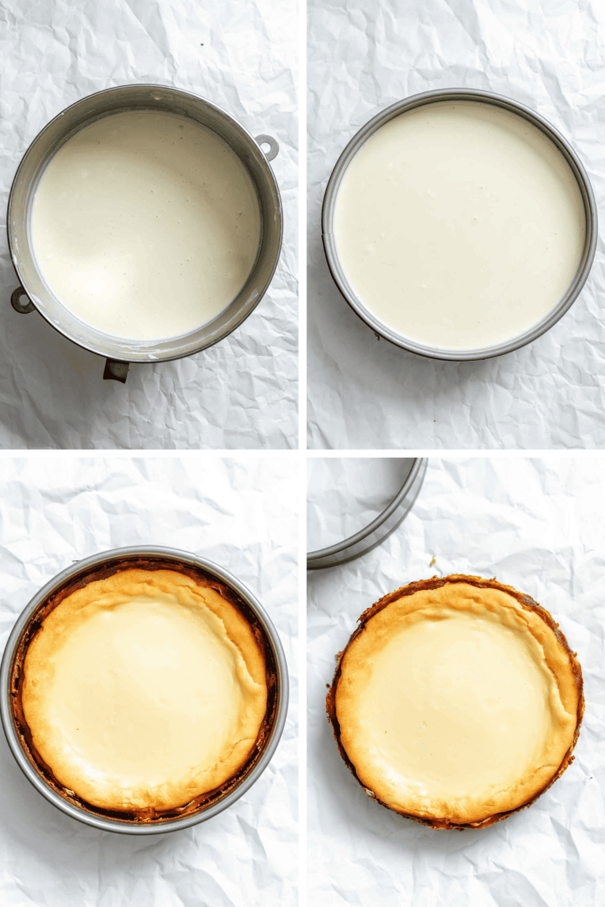 Four-panel progression showing cheesecake batter in springform pan: from liquid batter stage through baking to golden brown finished cake and removal from the pan, all shown from above on white parchment paper.