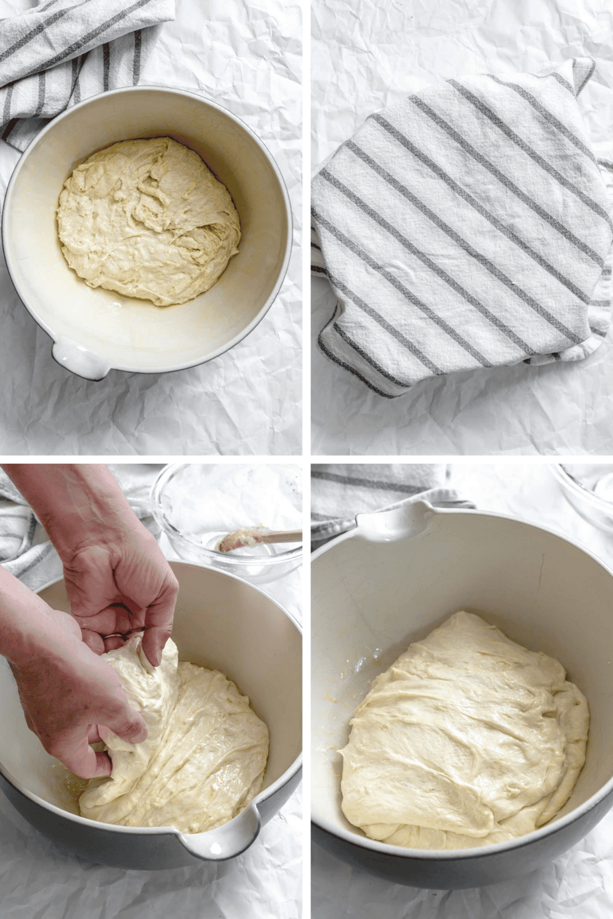 Four-image collage showing the progression of dough after mixing, being covered with a striped kitchen towel, hands stretching the dough, and finally resting in a white bowl.