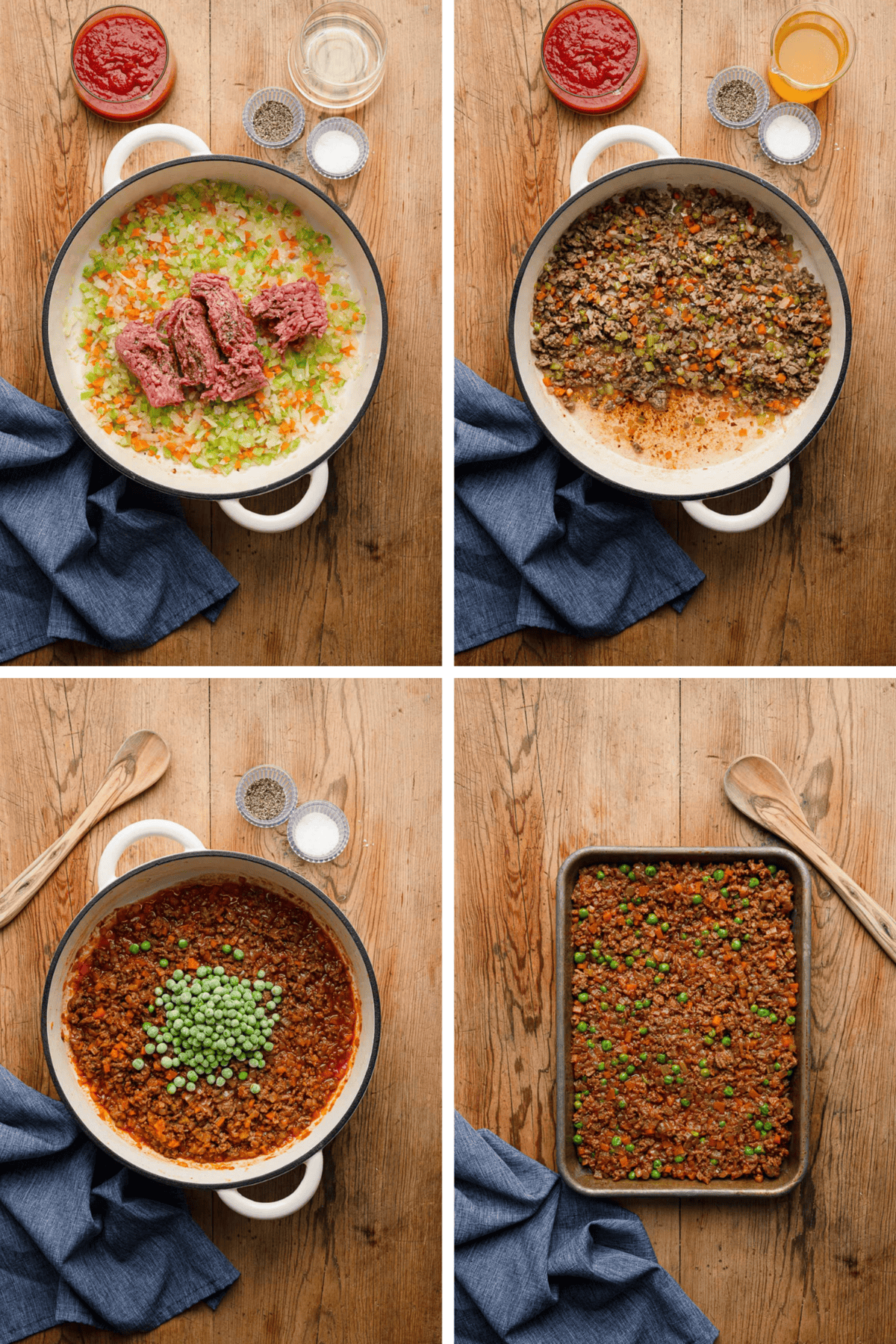 Four-panel process shots of making the filling for arancini - sautéing vegetables, browning meat, adding tomato sauce and peas, and transferring the finished filling to a baking dish.