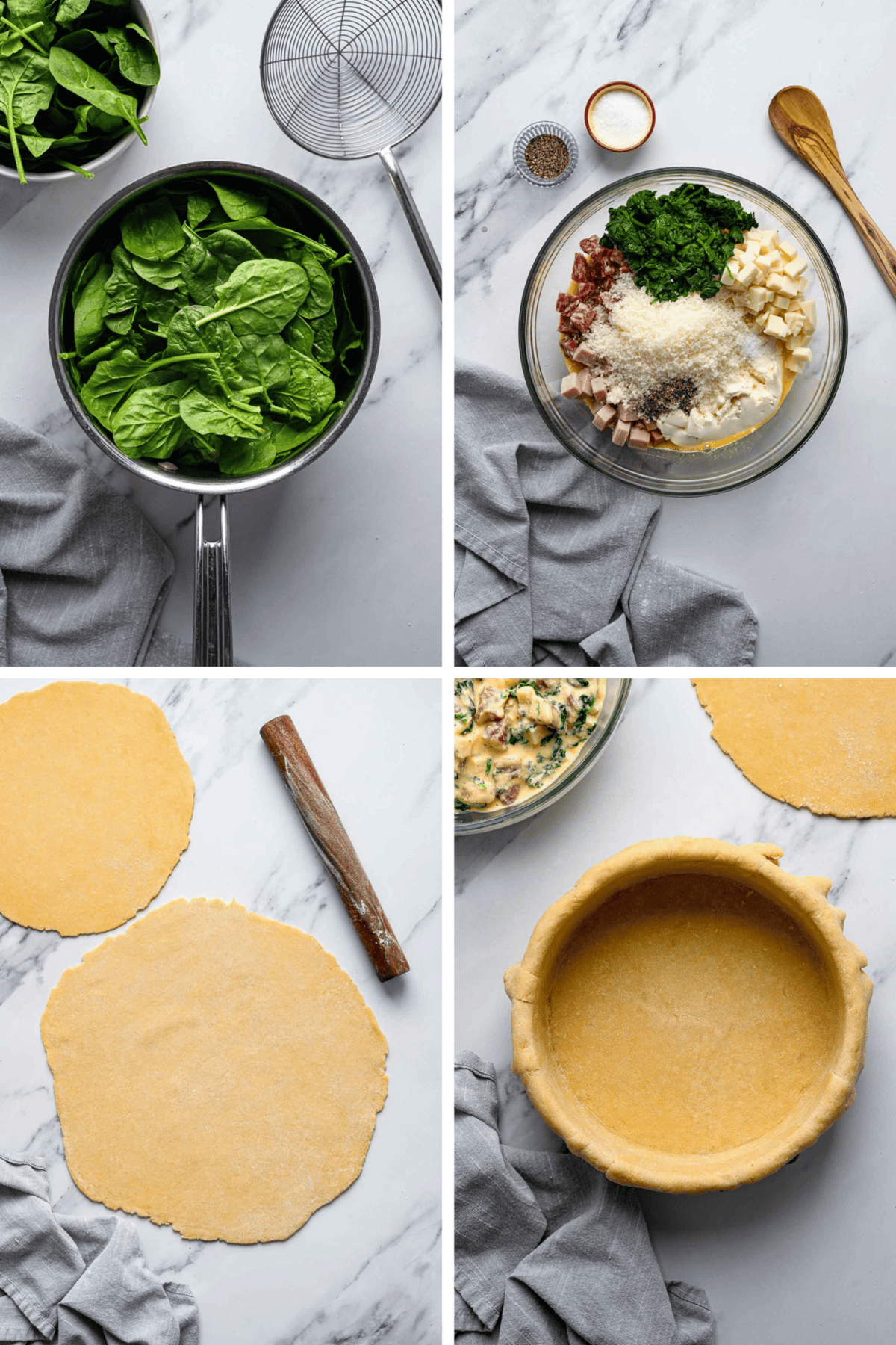 Four-panel collage showing filling preparation and assembly - top left: fresh spinach in a pot; top right: mixture of cooked spinach, diced meat, cheese and seasonings in a bowl; bottom left: rolled-out dough circles; bottom right: pie crust fitted into baking dish.
