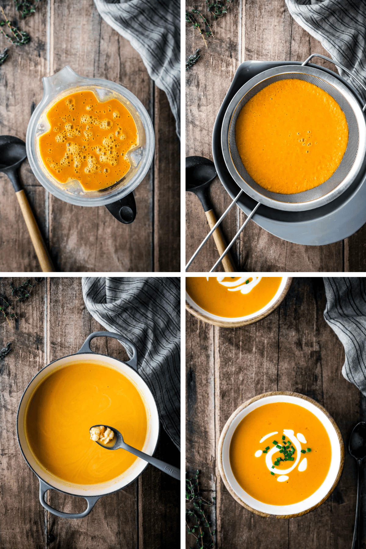 Four-panel process showing the final steps of making shrimp bisque: 1) blending soup in blender, 2) straining through fine mesh sieve, 3) finished smooth soup with piece of shrimp on spoon, 4) garnished bisque with cream swirl and chives in serving bowl.