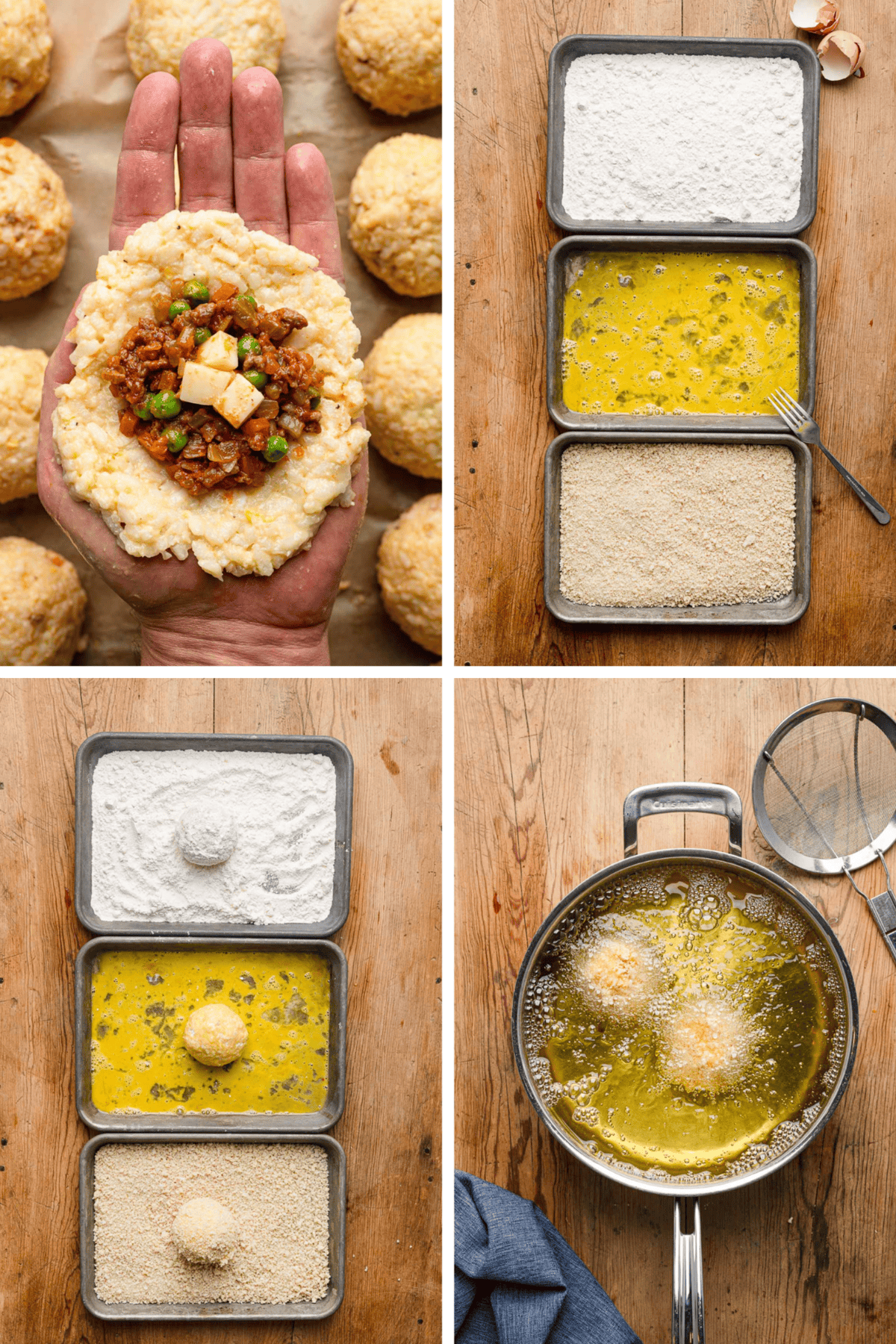 Four-panel collage showing the assembly process for arancini - holding rice mixture in palm with filling, breading station with flour/egg/breadcrumbs, coating the rice balls, and deep-frying them to golden brown.