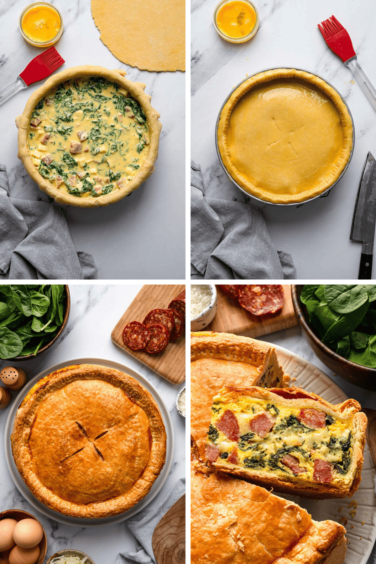 Four-panel collage showing final assembly and baking results - top left: unbaked pie with filling visible; top right: unbaked pie with top crust added and vent cuts; bottom left: baked golden-brown pizza rustica; bottom right: cross-section view showing layers of meat, cheese and spinach filling.