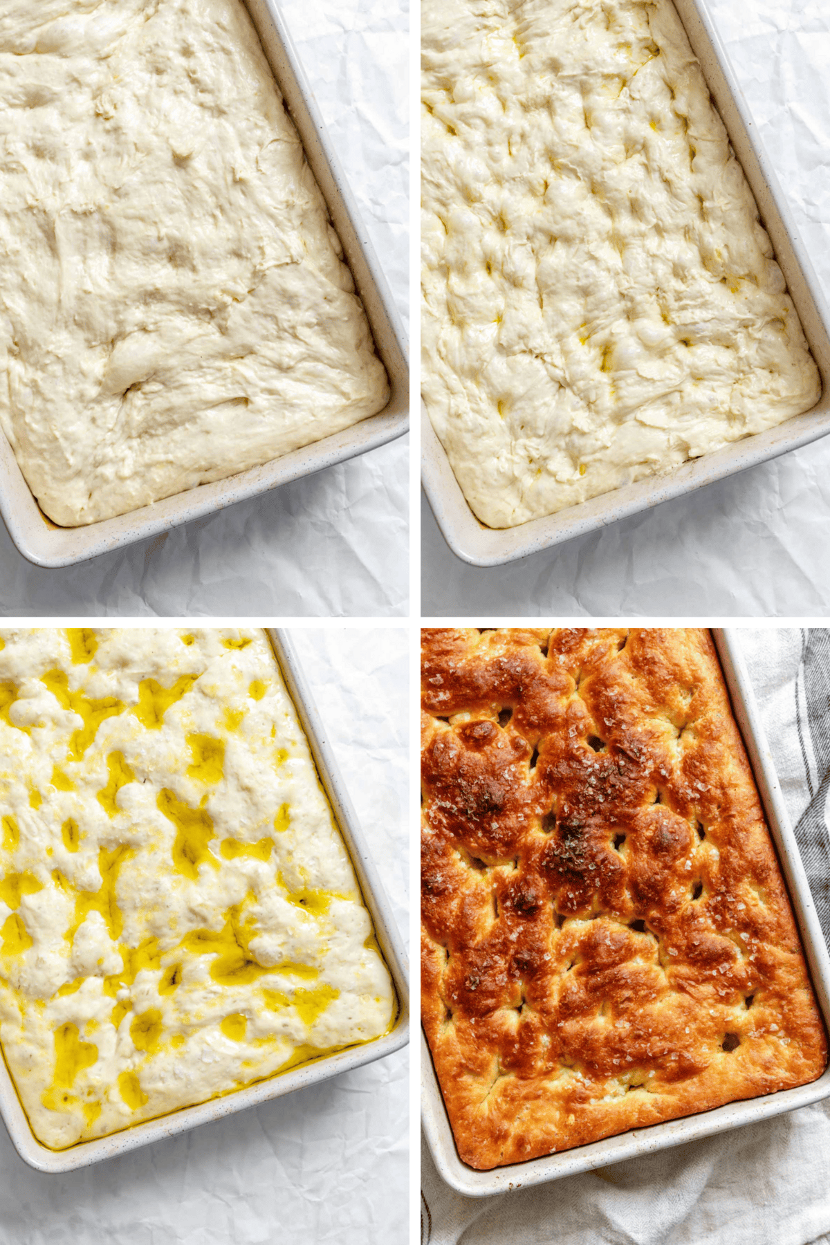 Step-by-step collage showing focaccia bread development from risen dough in pan to dimpled and drizzled with oil, ending with golden-brown baked bread.