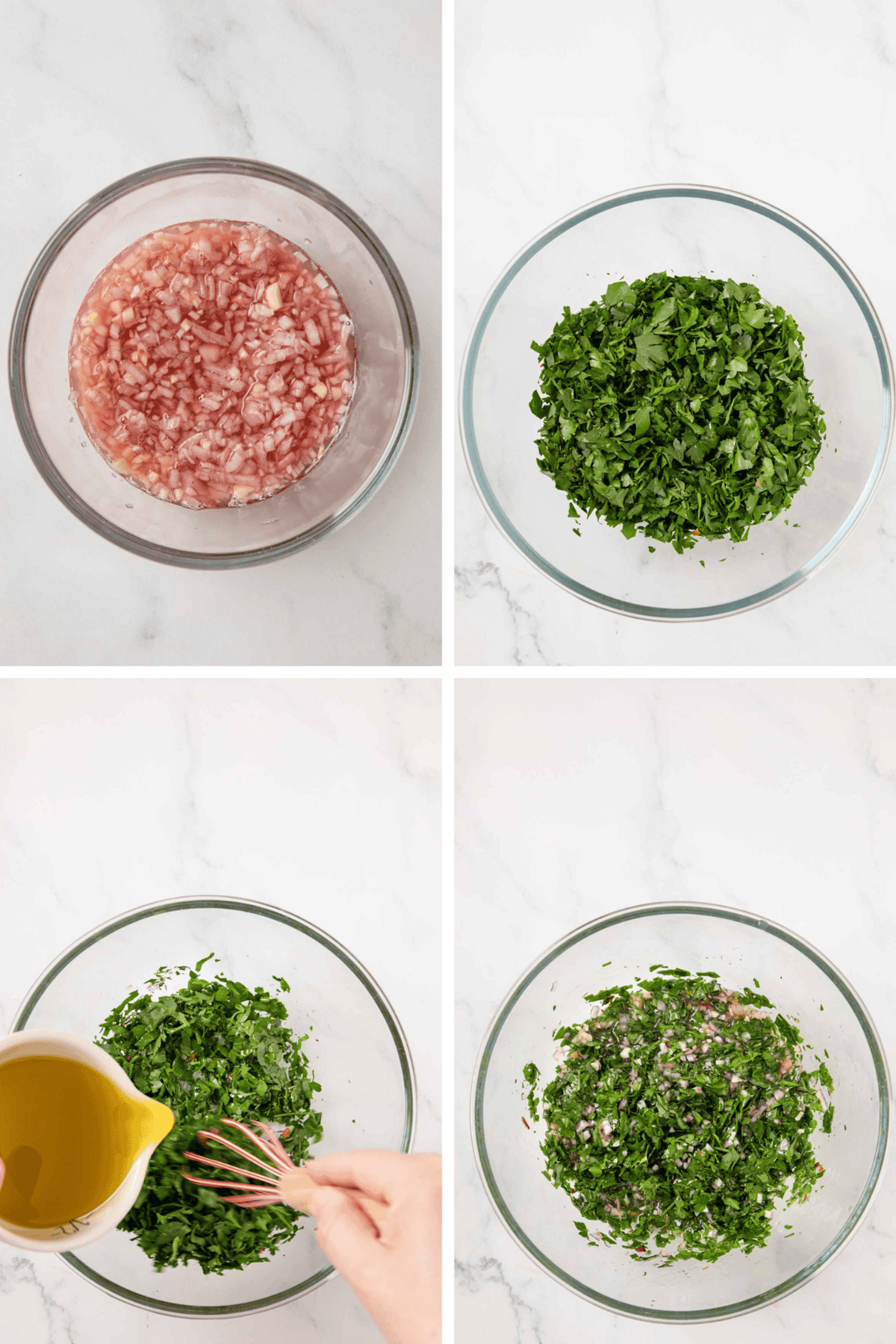 Chimichurri process starting with diced shallots in vinegar, chopped parsley, mixing both with olive oil.