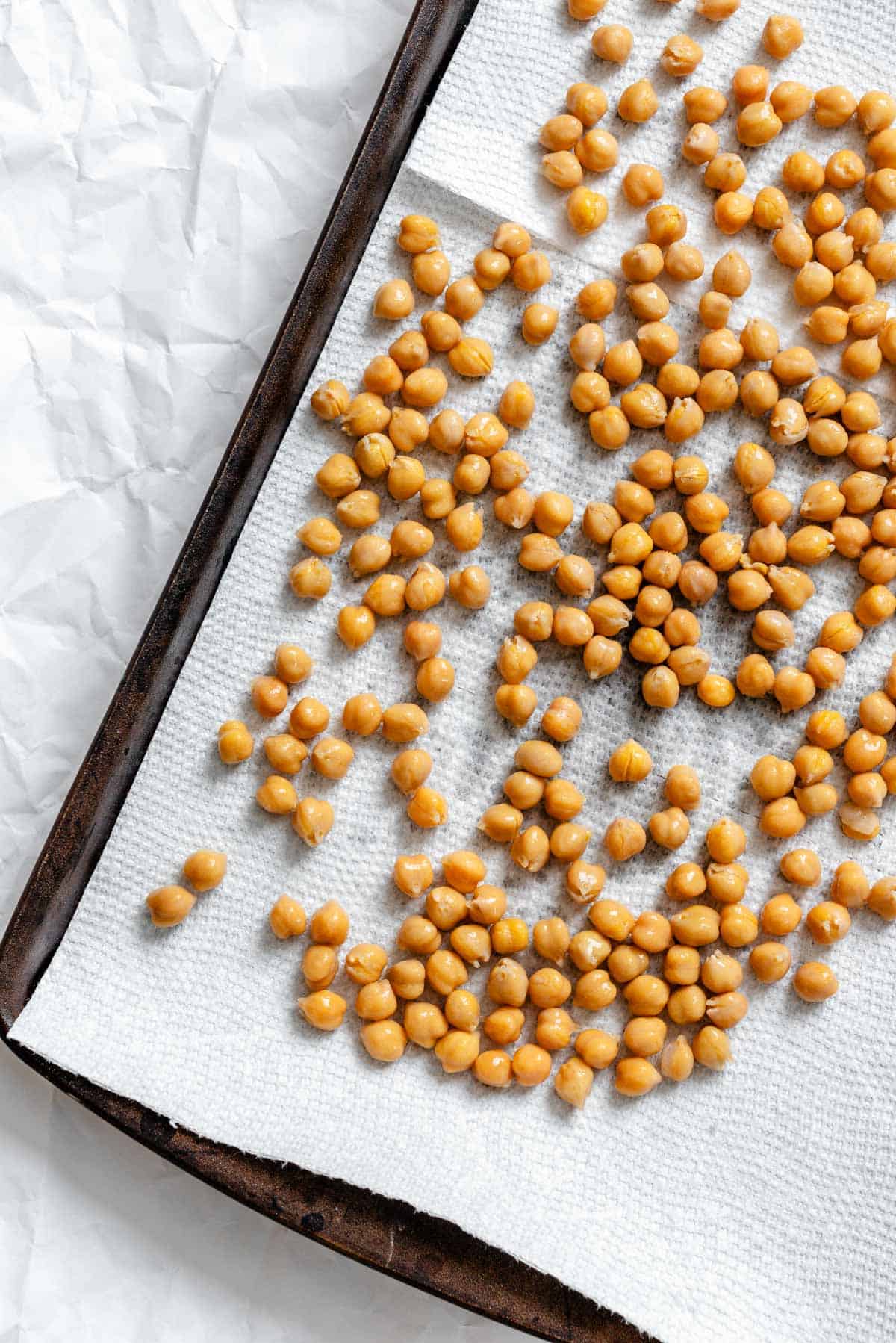 Overhead view of cooked chickpeas spread on a paper towel on a baking sheet to absorb excess moisture.