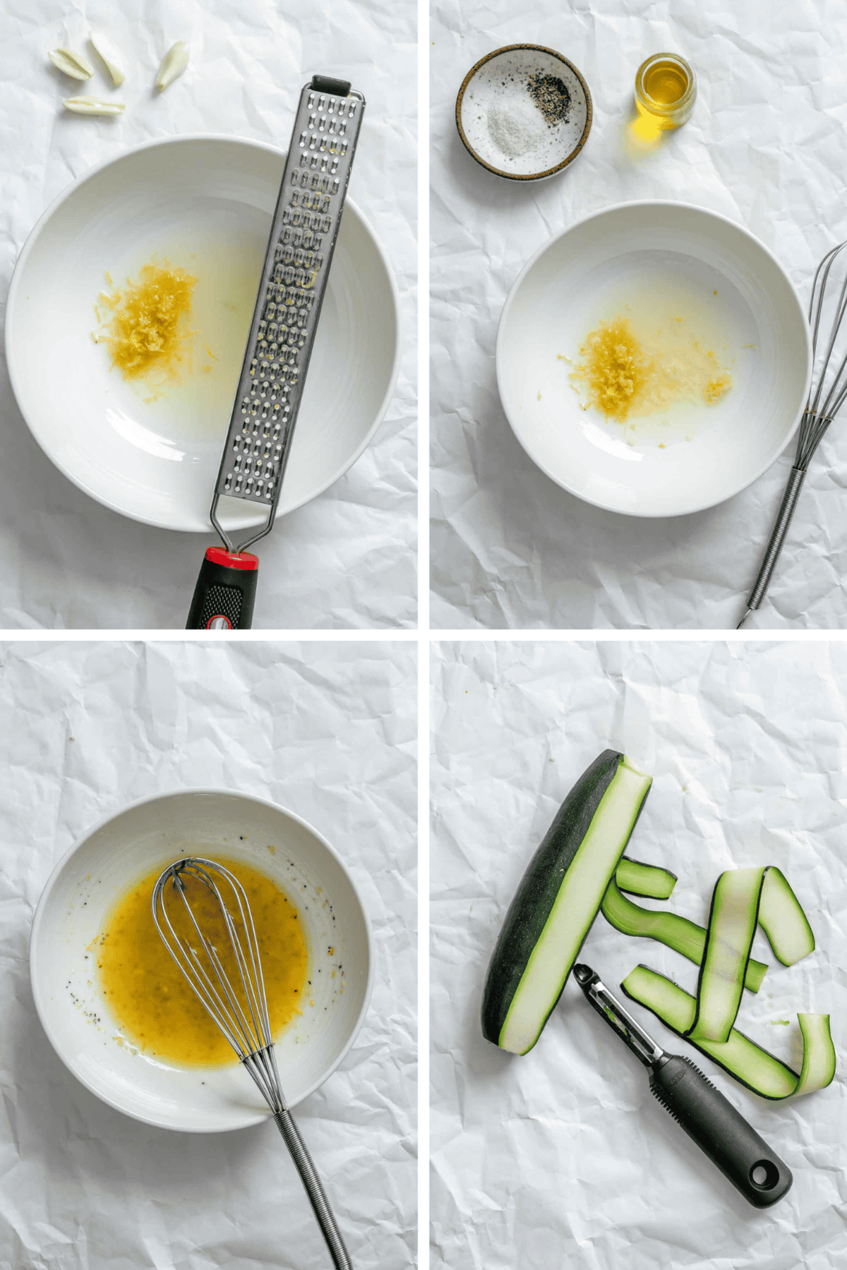 Step-by-step preparation collage showing: top left - zesting lemon with microplane; top right - lemon zest in bowl with whisk; bottom left - whisked dressing with olive oil; bottom right - zucchini being peeled into ribbons with vegetable peeler.