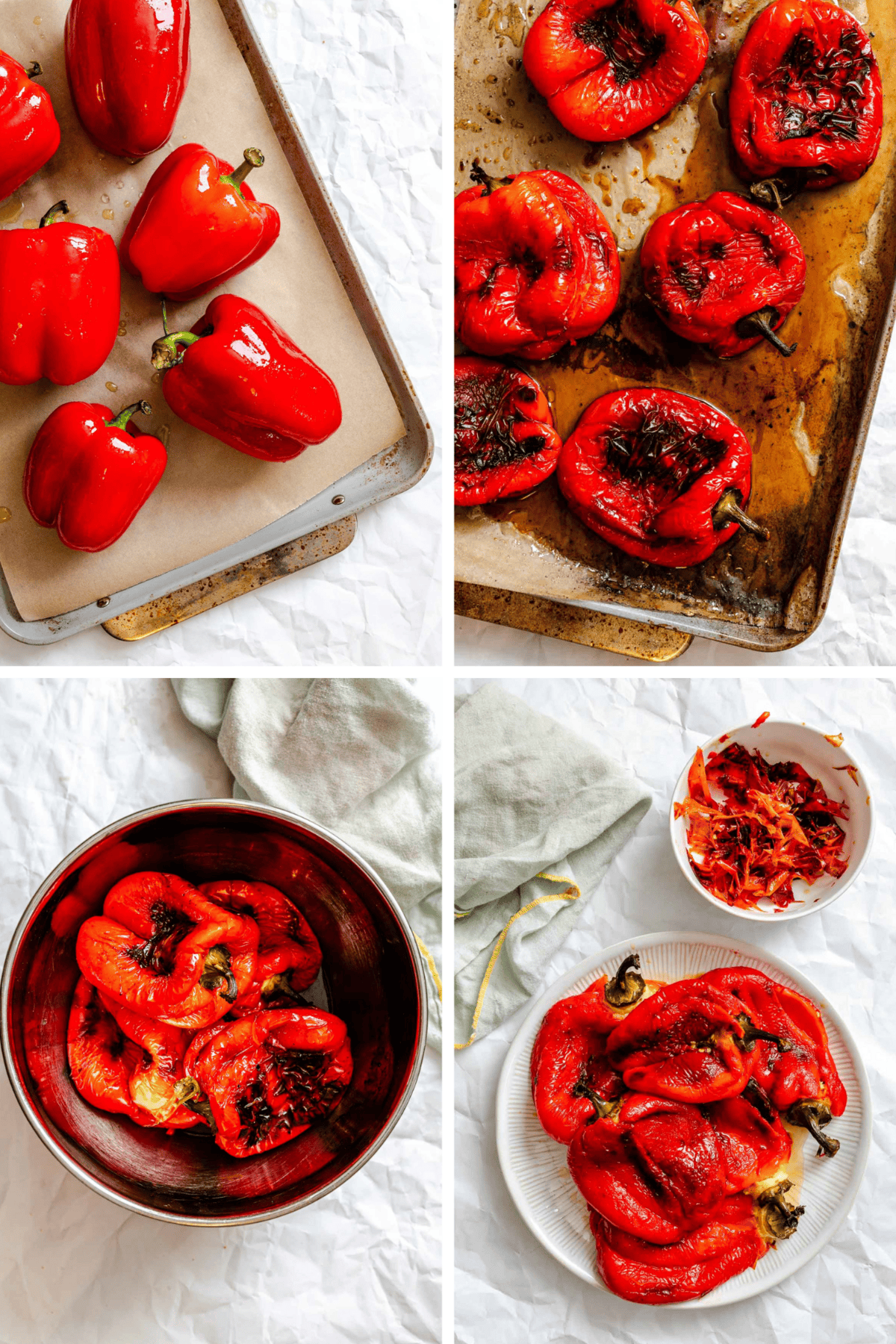 Four-step visual collage showing the process of roasting red bell peppers—fresh on a tray, blistered post-roast, steaming in a bowl, and peeled on a plate beside a bowl of skins.