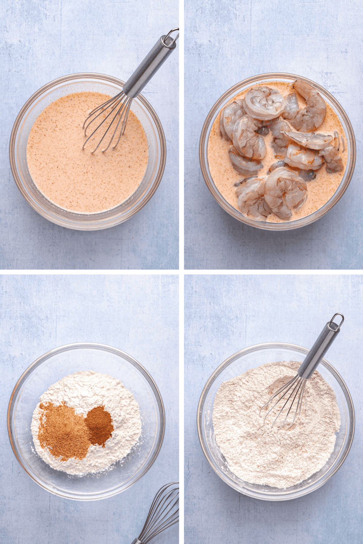Step-by-step prep collage showing whisked milk and spices, shrimp marinating in the seasoned milk, flour mixed with spices, and the seasoned flour fully combined with a whisk.
