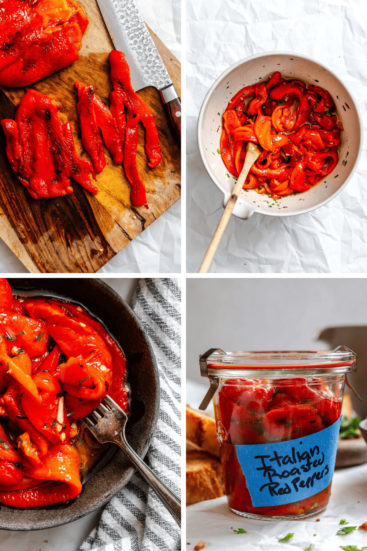 A collage of roasted red pepper preparation—sliced peppers on a cutting board, marinating in a bowl with herbs, served in a dark bowl, and stored in a labeled glass jar.