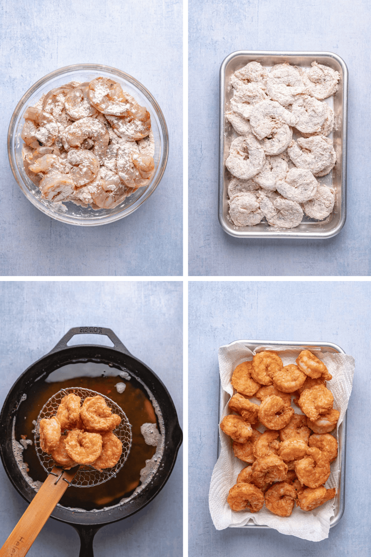 Process images of shrimp coated in seasoned flour, laid out on a tray, being deep fried in oil, and finally drained on a paper towel-lined tray until golden and crispy.