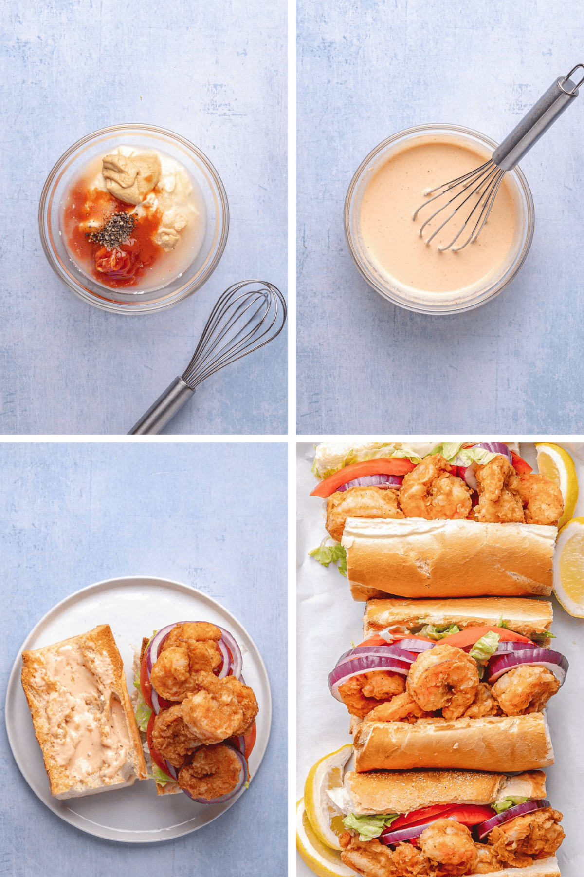 Series of steps assembling the sandwich, from making the tangy po’boy sauce, to spreading it on the bread, layering with fried shrimp and vegetables, and serving the finished sandwich.