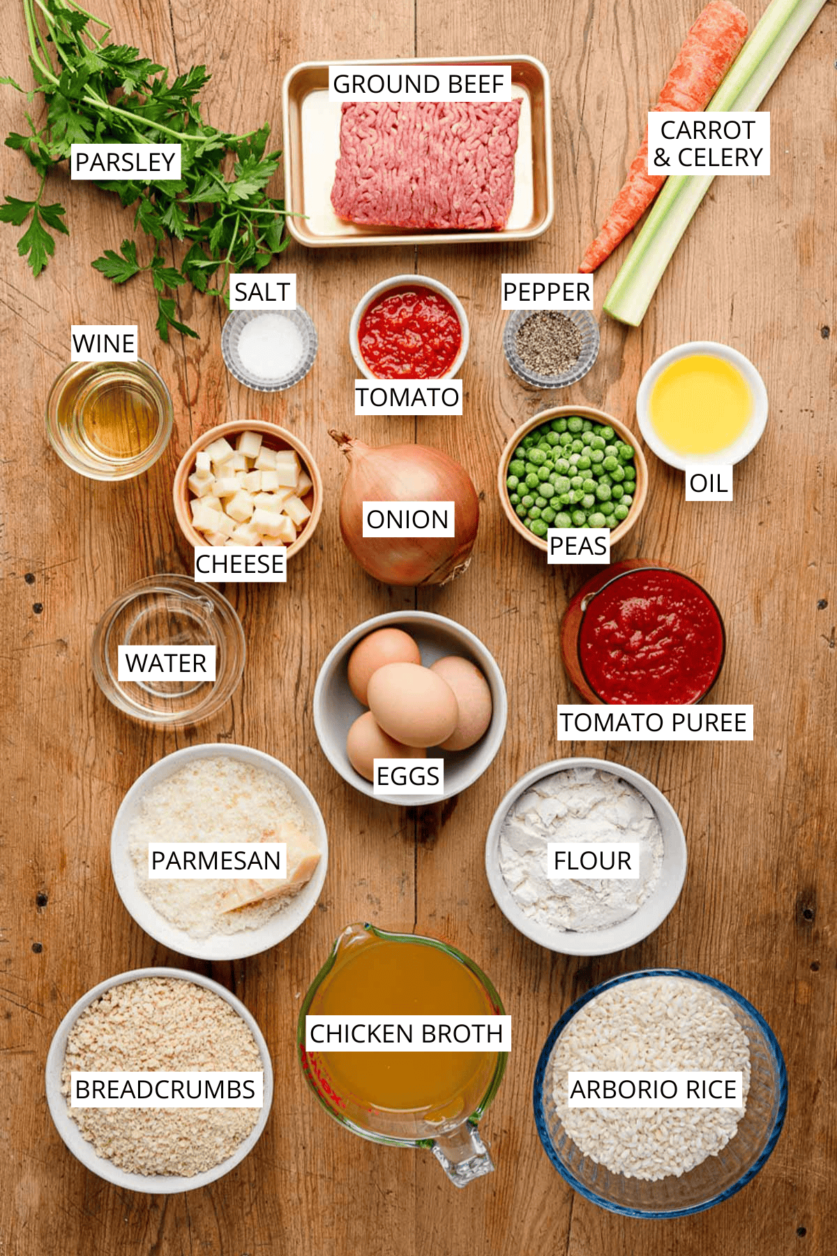 Overhead view of ingredients for arancini including raw ground beef, vegetables, herbs, spices, rice, eggs, flour, breadcrumbs and cheese arranged in small bowls on a wooden surface.