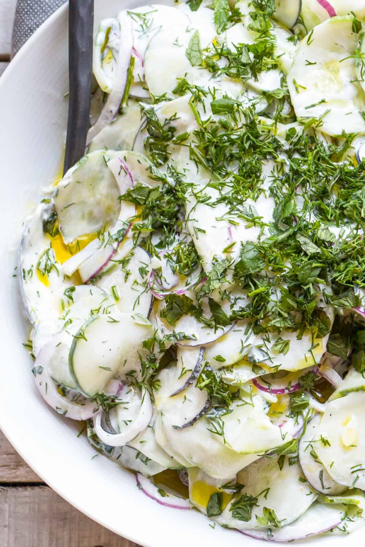 Angled view of cucumber radish salad with red onions in a tangy yogurt sauce, generously finished with olive oil and a sprinkle of fresh chopped dill.
