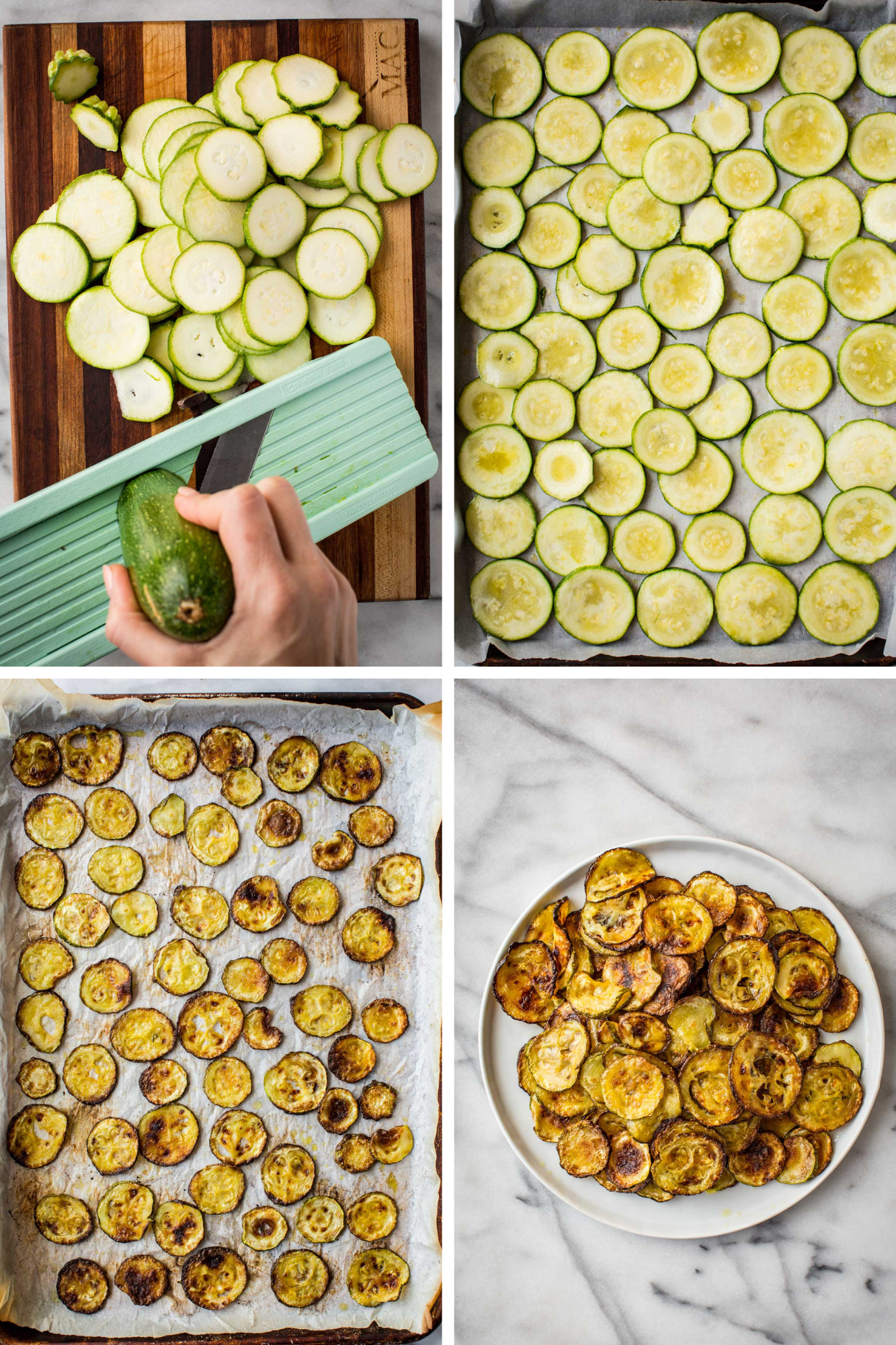 A four-step collage showing the zucchini prep for Pasta alla Nerano: thinly slicing zucchini with a mandoline, arranging slices on a sheet pan, roasting them to golden brown, and transferring them to a plate.