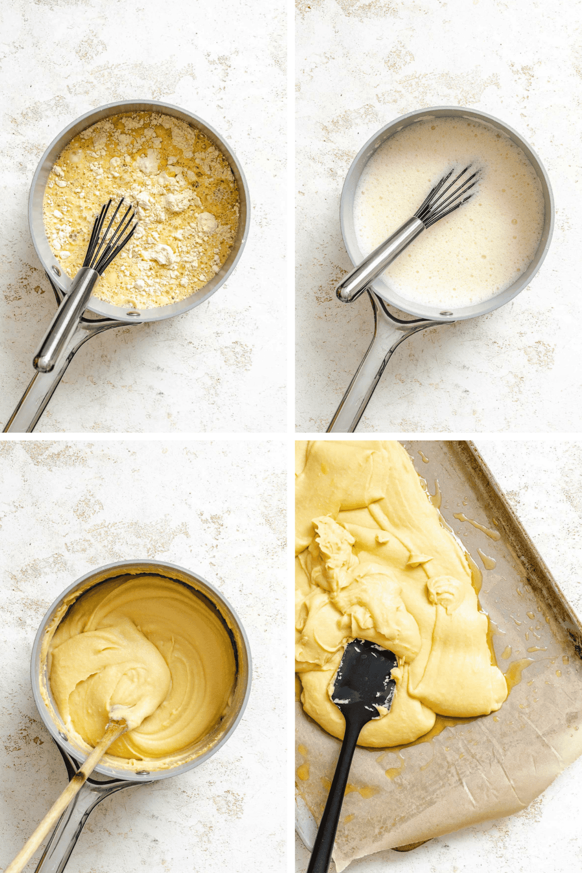 Four-step process collage: chickpea flour and water whisked in a pot, forming a smooth batter, then being spread on an oiled baking sheet with a spatula.