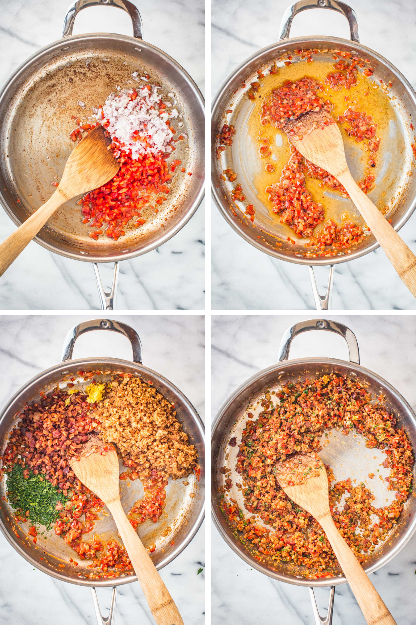 Step-by-step cooking red peppers and herbs: Chopped red pepper and shallot sautéed in a skillet, followed by herbs and bacon added to finish the stuffing.