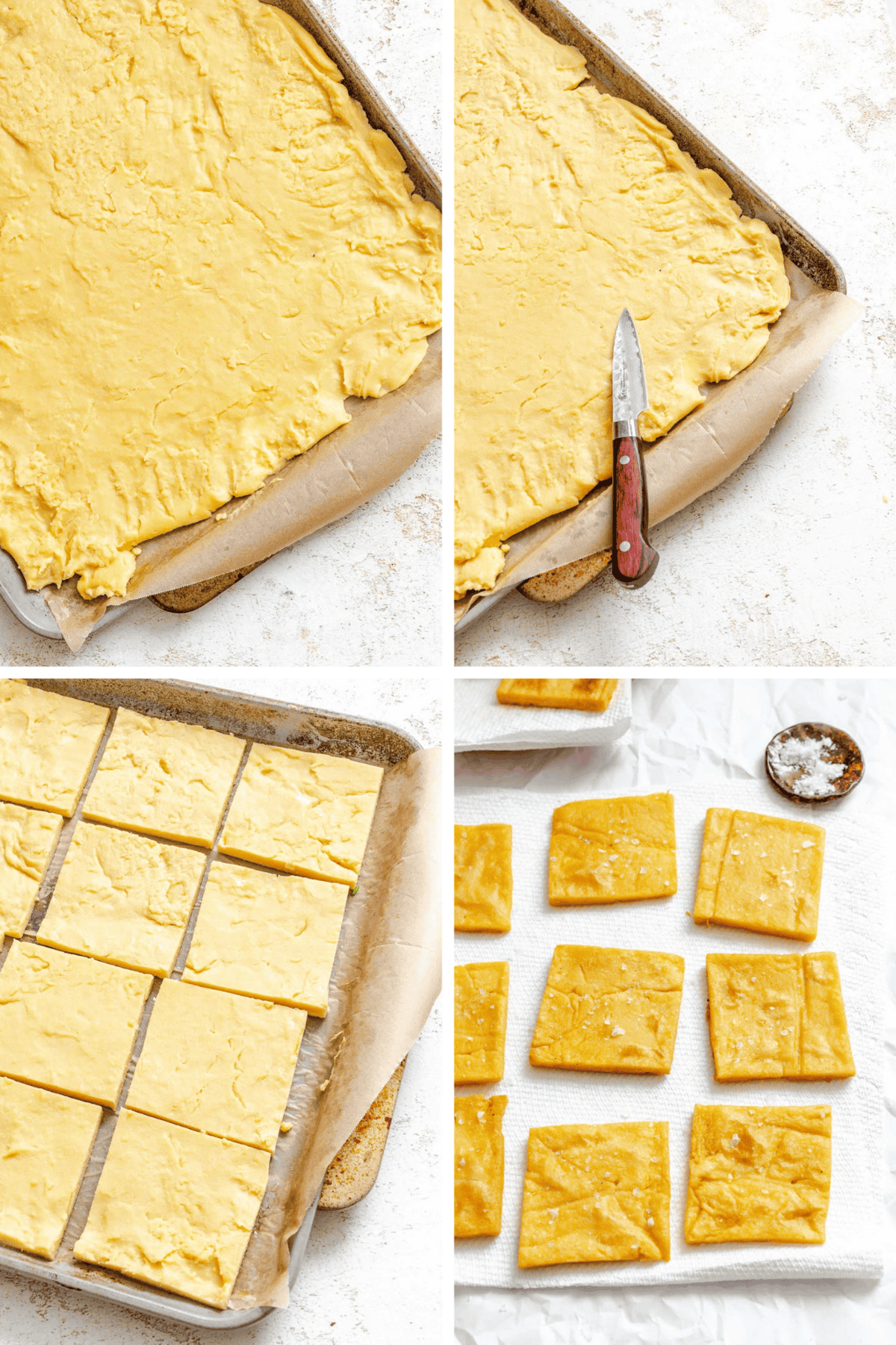Panelle preparation in progress: the batter is spread evenly in a pan, scored with a knife, then cut into squares and laid out on paper towels after frying.