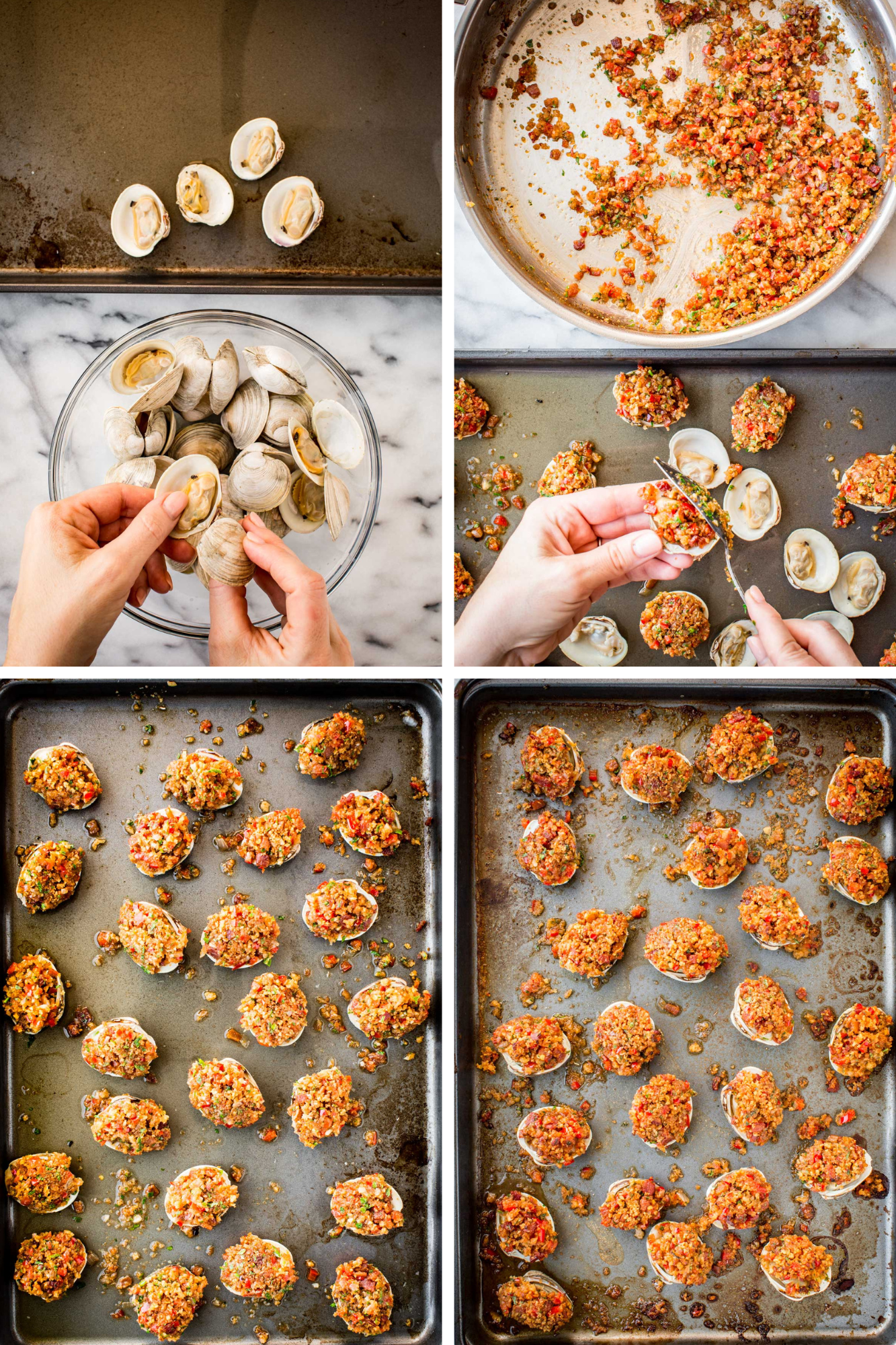 Assembling and baking Clams Casino: Steps showing clams being opened, filled with stuffing, and arranged on baking sheets before and after roasting.