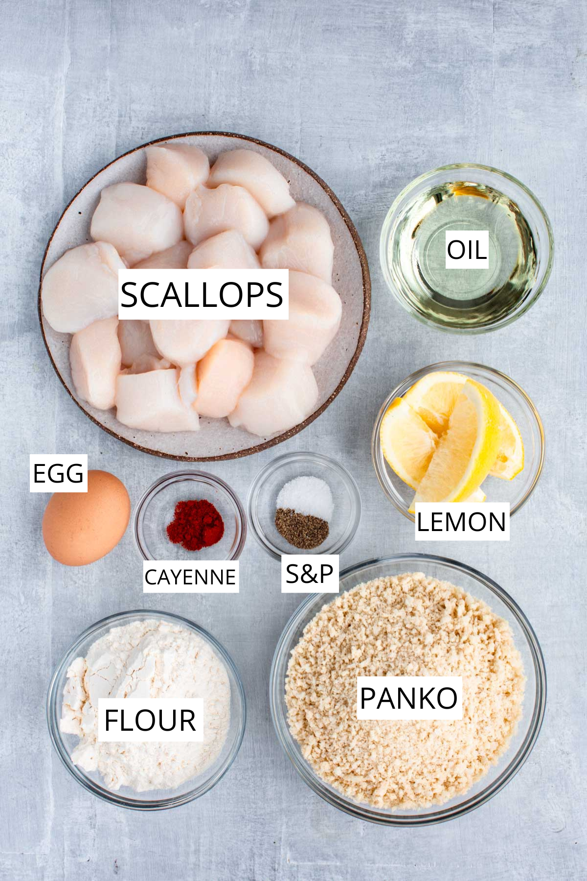 Overhead shot of labeled ingredients for panko fried scallops arranged on a light gray surface, including raw scallops, panko breadcrumbs, flour, egg, cayenne pepper, salt and pepper, lemon wedges, and a glass of oil.