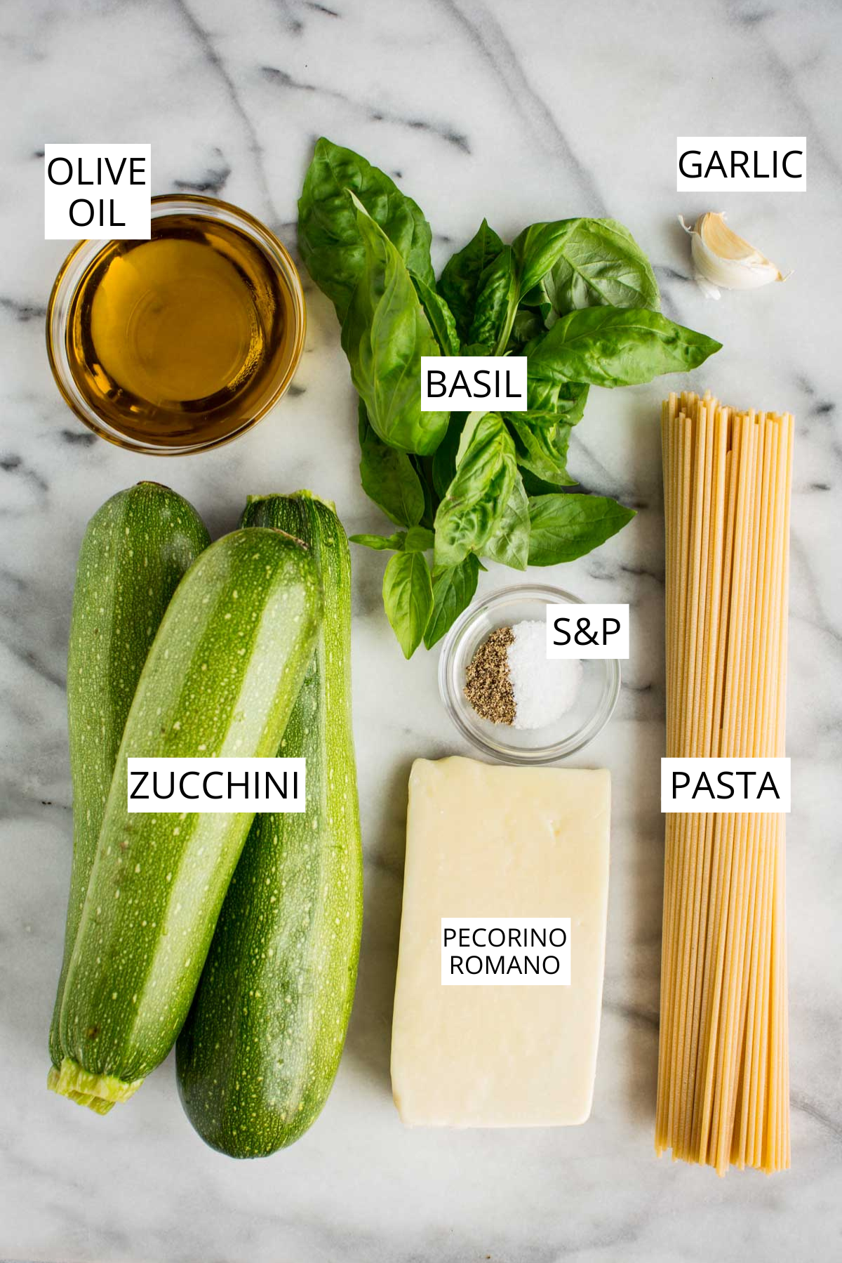 A labeled flat lay of ingredients for spaghetti alla Nerano arranged on a marble background: olive oil, garlic, fresh basil, zucchini, Pecorino Romano cheese, salt and pepper, and dried spaghetti.
