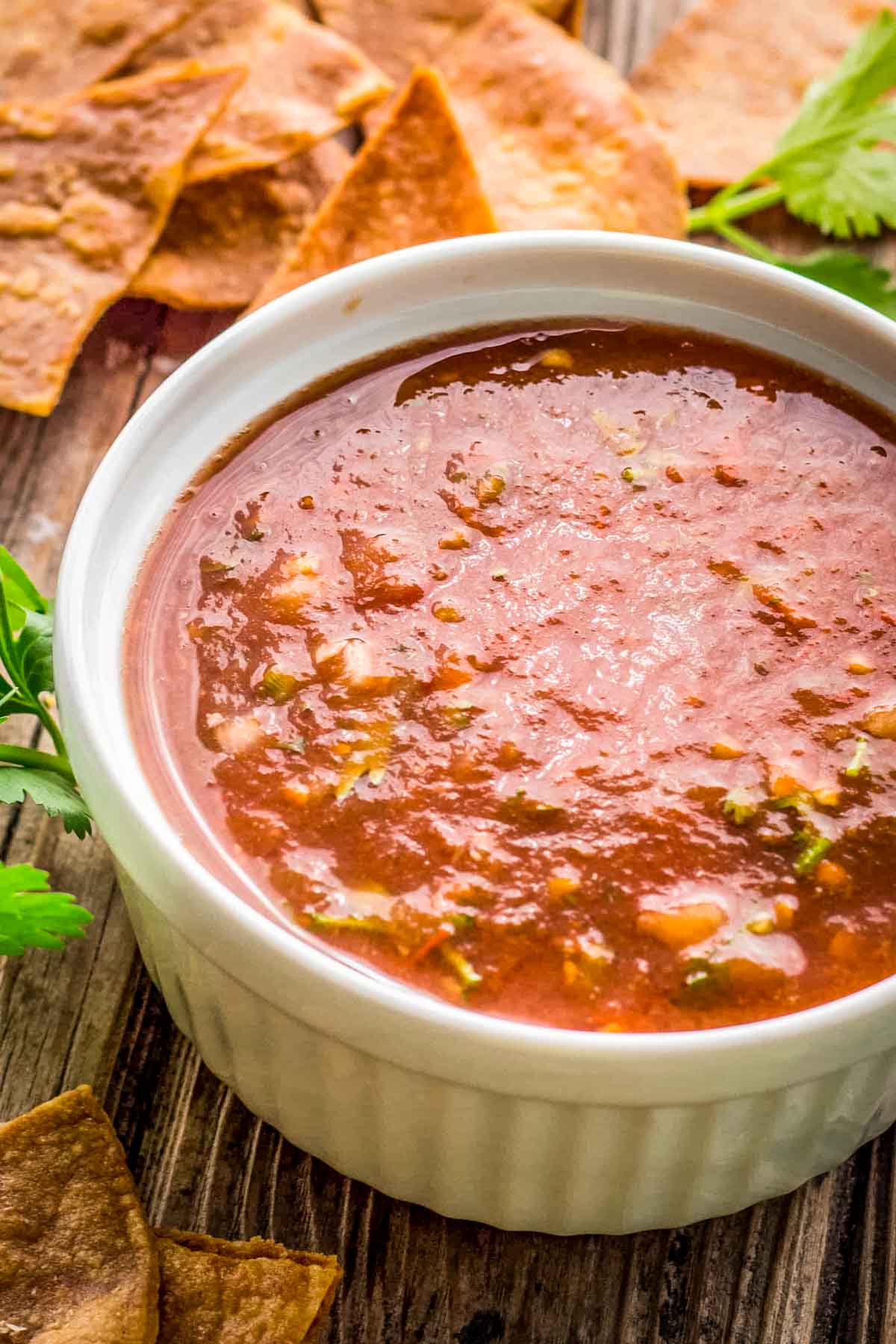 Close-up of salsa texture in bowl: Zoomed-in view of tomato salsa in a white bowl, showing its chunky, blended texture with herbs.