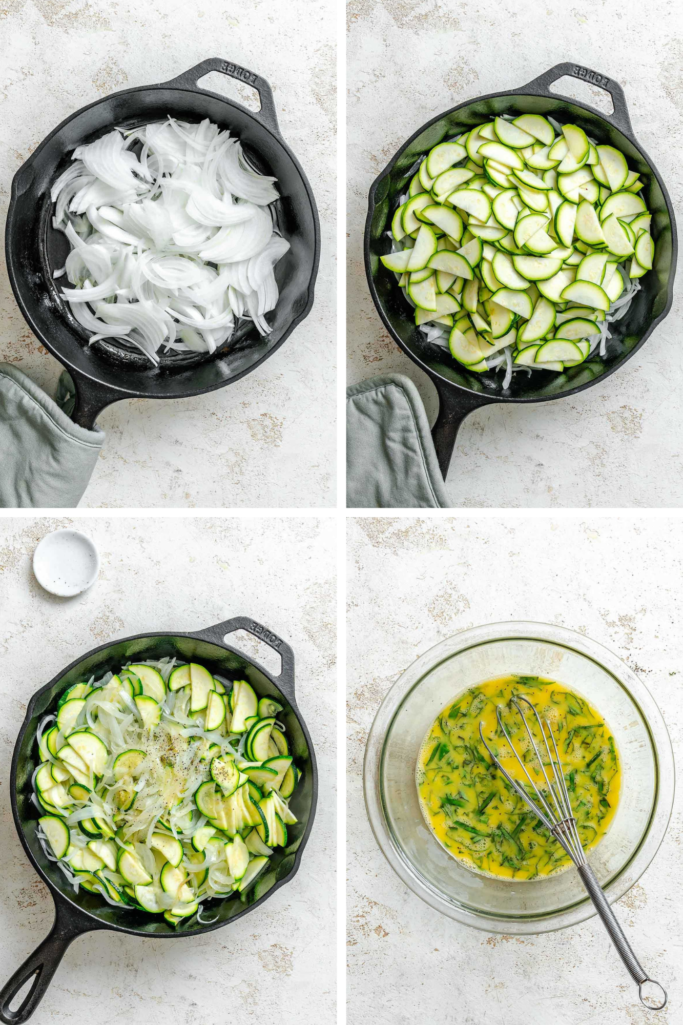Four-step collage showing sautéed onions and zucchini in a skillet and a bowl of beaten eggs with chopped basil.