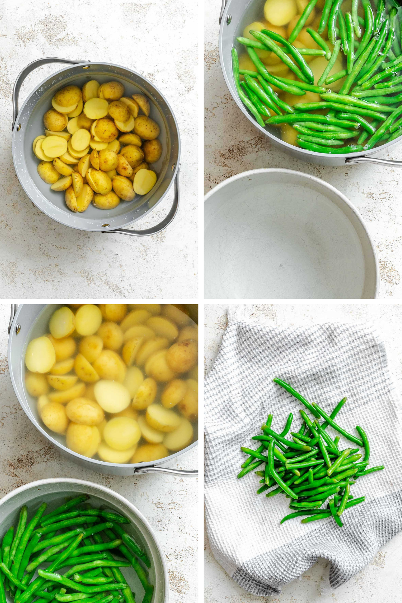 Step-by-step process: potatoes and green beans being boiled and drained, ending with blanched beans resting on a towel.