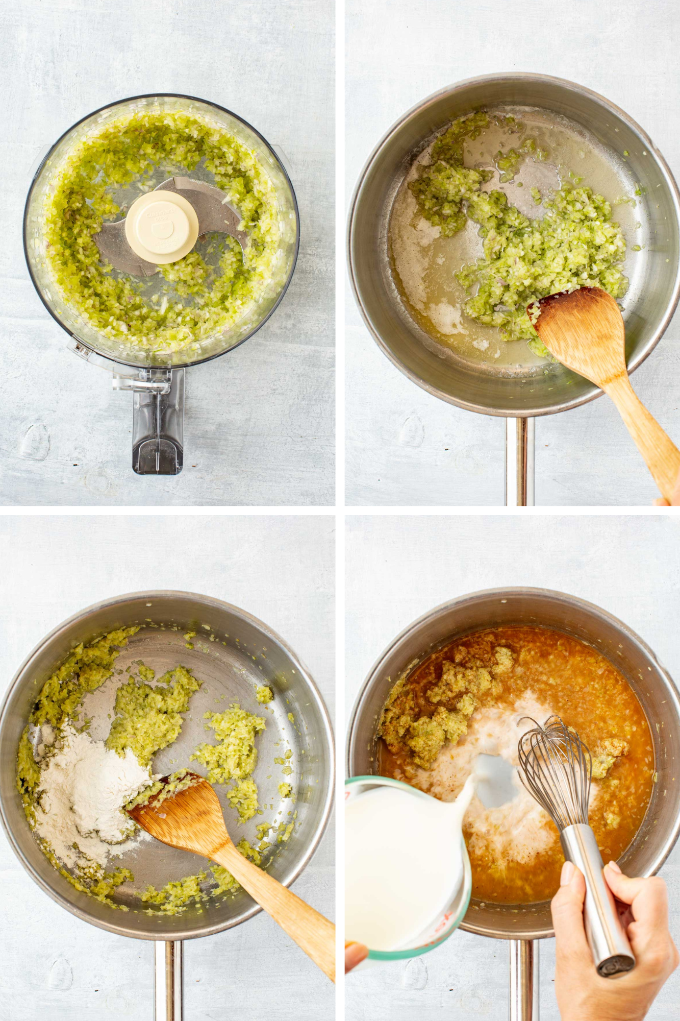Four-step collage showing chopped celery and shallots in a food processor, sautéing the mixture in a saucepan, adding flour to make a roux, and pouring in milk while whisking.