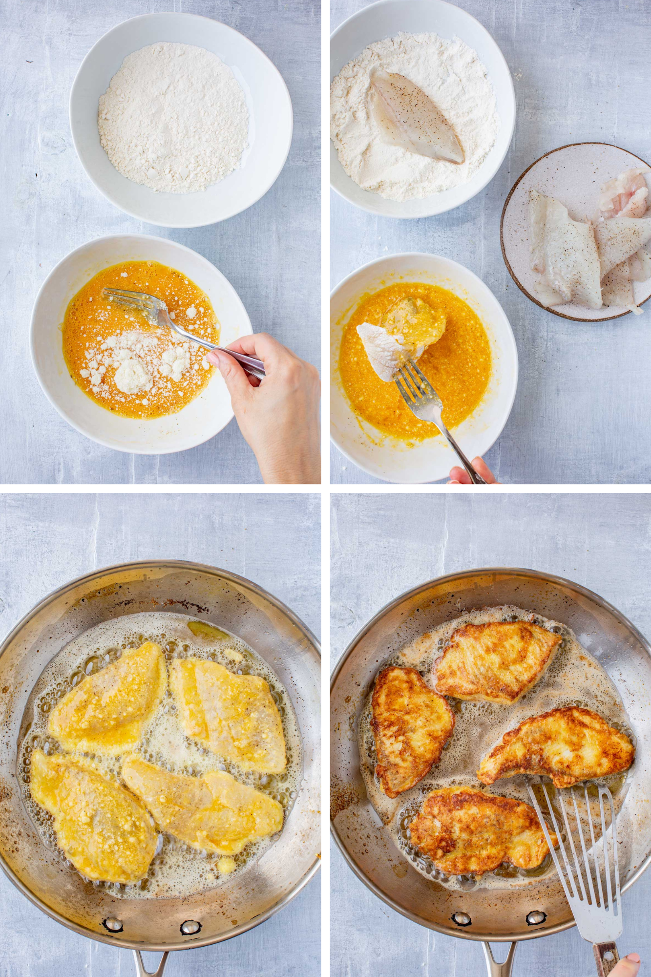 Four-panel step-by-step showing dredging fish in flour and egg, followed by pan-frying in oil until golden.