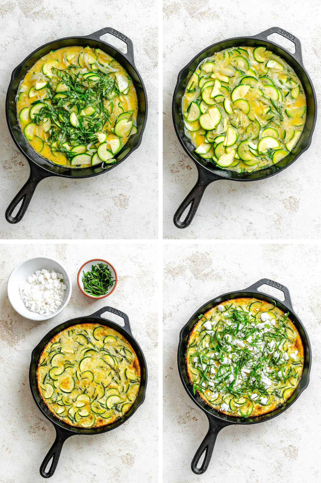 Four-panel collage showing eggs and zucchini mixture added to skillet, baked frittata, and final toppings of basil and feta.
