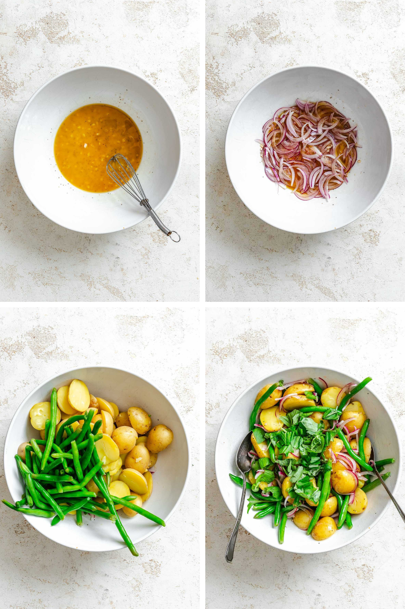 Sequence showing vinaigrette in a bowl, onions marinating in vinegar, then the addition of potatoes and green beans, and finally tossed with fresh basil.